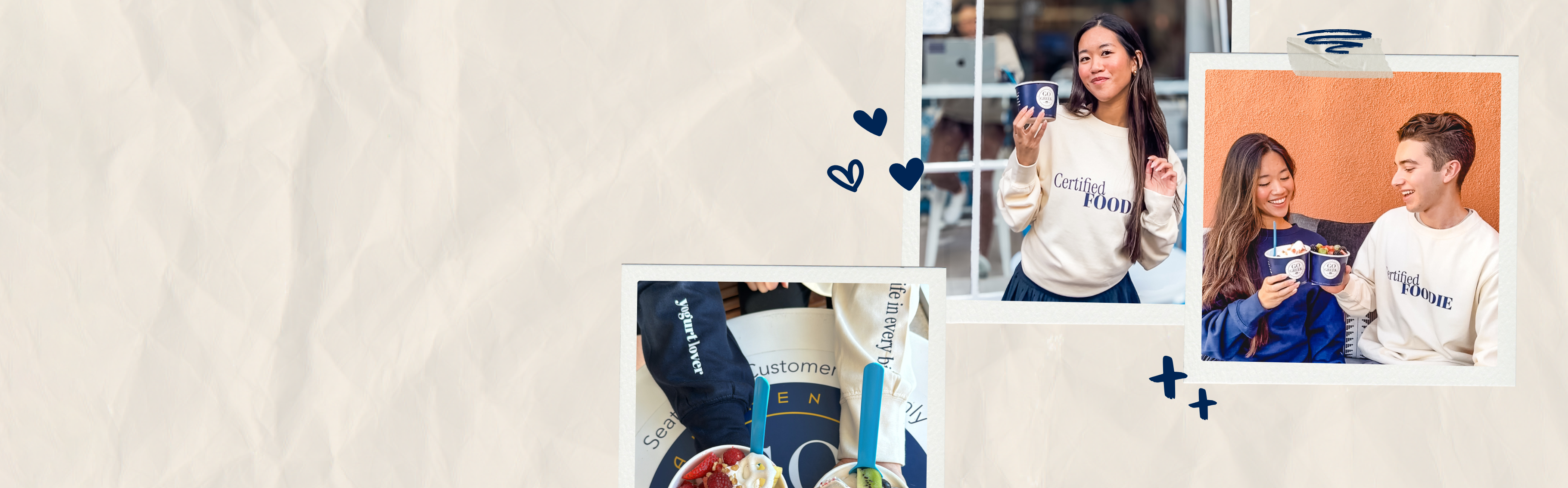 Polaroid images of models wearing various Go Greek Yogurt merch, like a pullover hoodie that says "Certified Foodie" and "Yogurt Lover"