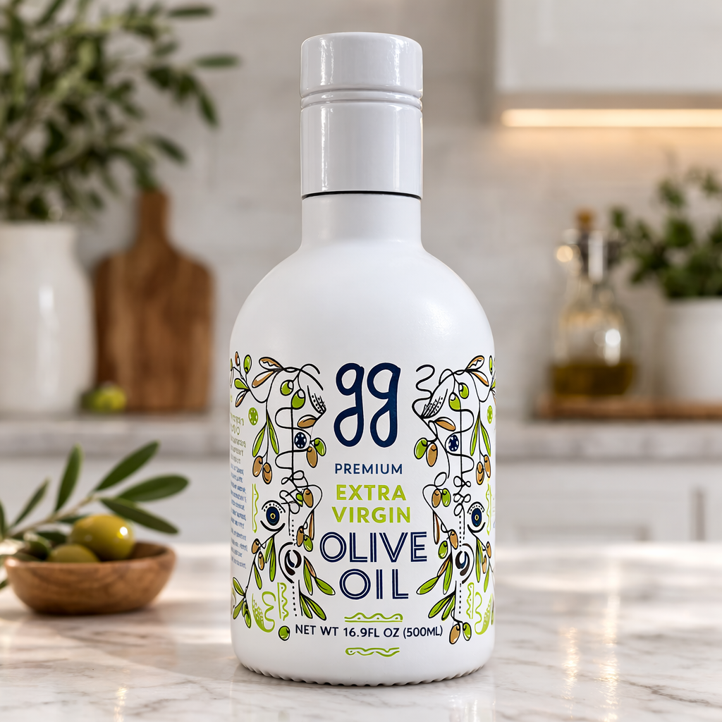 Bottle of GG Premium Extra Virgin Olive Oil on a kitchen counter with plants in the background.